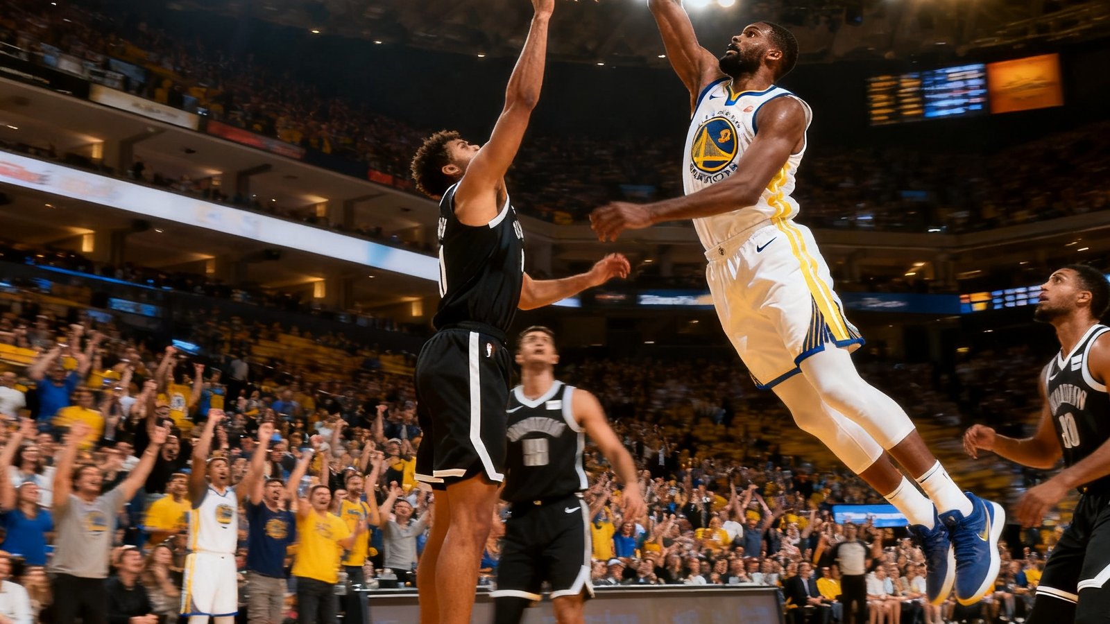 NBA球员身穿白色主场球衣在禁区内飞身扣篮，防守球员伸手封盖但未能触及，球馆内灯光璀璨观众起立欢呼